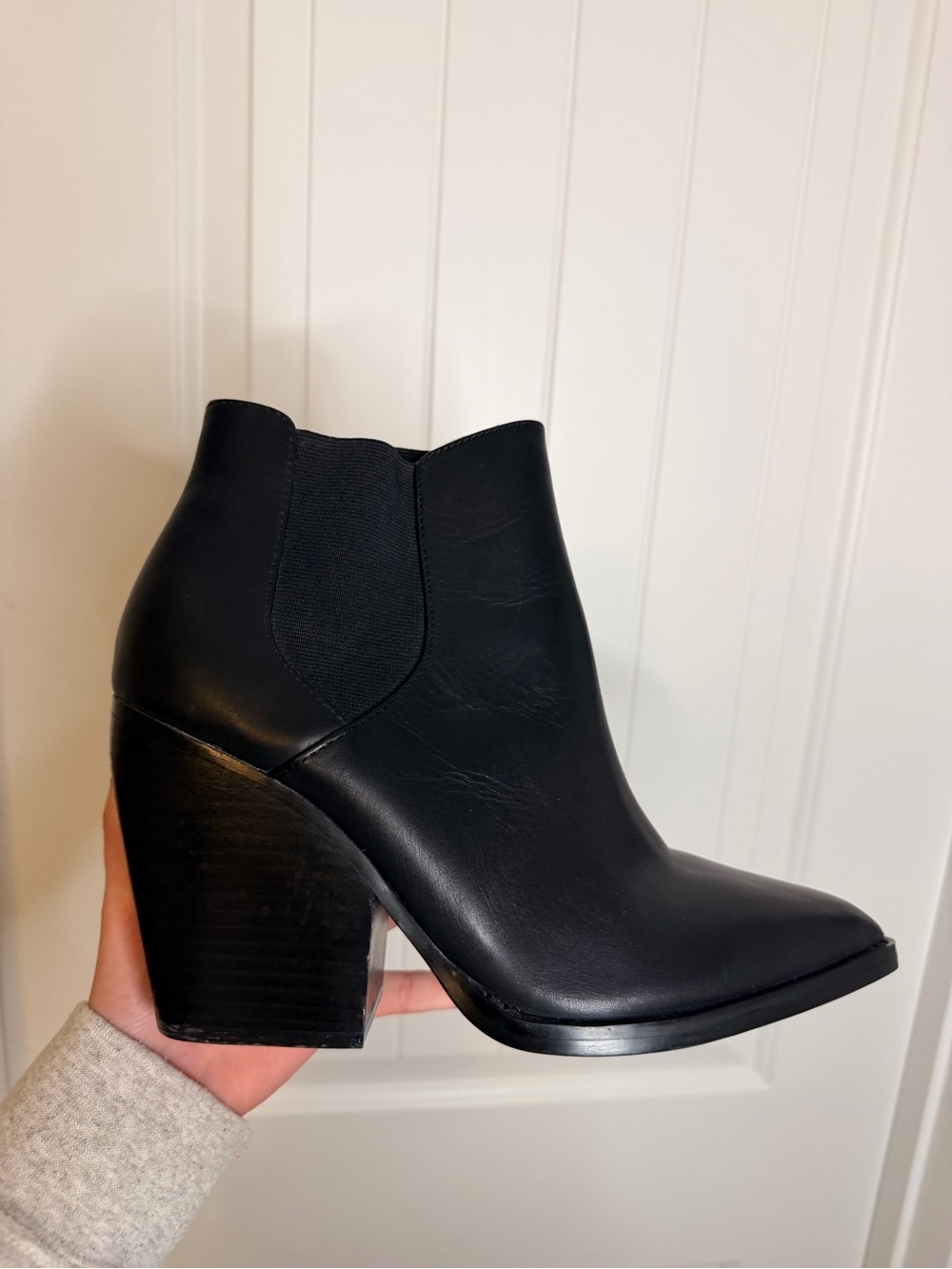 Black Leather Ankle Bootie with Block Heel - Women